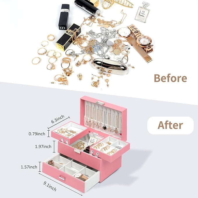 Dajasan Jewelry Box for Girls Women, PU Leather Jewelry Organizer Box, 3 Layers Jewelry Gift Box for Christmas, Valentine's Day, Birthday, Mother's Day (Pink)