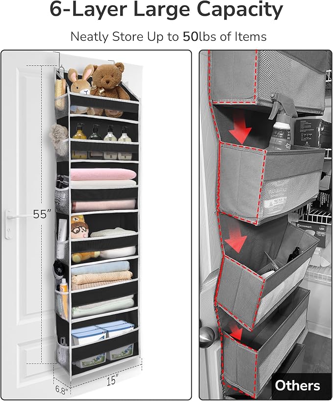 ULG 2Pack-Over The Door Organizer with 6 Large Pockets 12 Side Pockets, 50lbs Weight Capacity Door Hanging Organizer Black