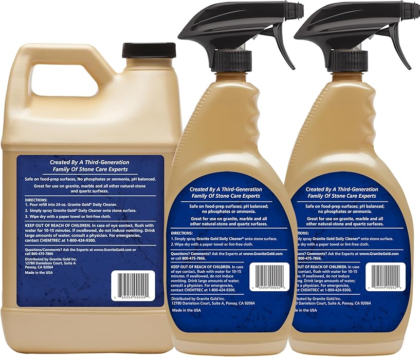Granite Gold Daily Cleaner Spray Streak-Free Cleaning for Granite, Marble, Travertine, Quartz, Natural Stone Countertops, and Floors, 1 x 64 Fl. Oz. & 2 x 24 Fl. Oz., 3-Pack