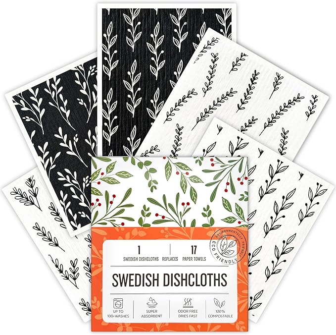 Augine Swedish Dishcloths for Kitchen, 5 Pack Reusable Paper Towels Washable, Super Absorbent Swedish Dish Cloths, Non-Scratch, No Odor