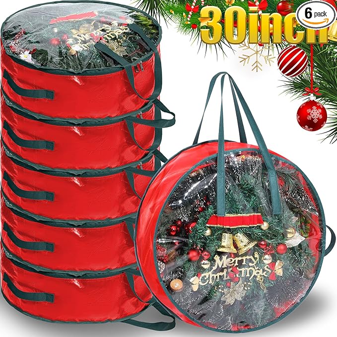Shappy 6 Pcs Christmas Wreath Storage Bag Plastic Storage Containers for Wreaths Container Christmas Decorative Xmas Plastic Bag Holder Handles Dual Zipper Holiday Wrapping (30 x 7 Inch)