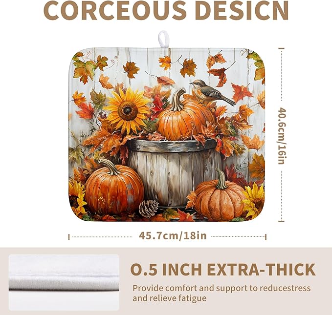 Wnoesat Fall Dish Drying Mat for Kitchen Counter Autumn Thanksgiving Pumpkin Sunflower Maple Leaf Leaves Birds Dishes Draining Pad Washable Dish Drainer Rack Mat Medium 16x18 Inch