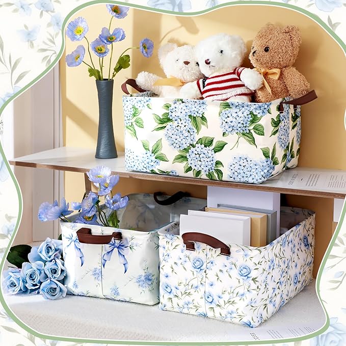 Boao 3 Pcs Blue Hydrangea Bow Storage Bin Flowers Collapsible Large Storage Baskets for Gifts Canvas Laundry Basket Foldable Box with Handle for Office Home Bedroom Clothes