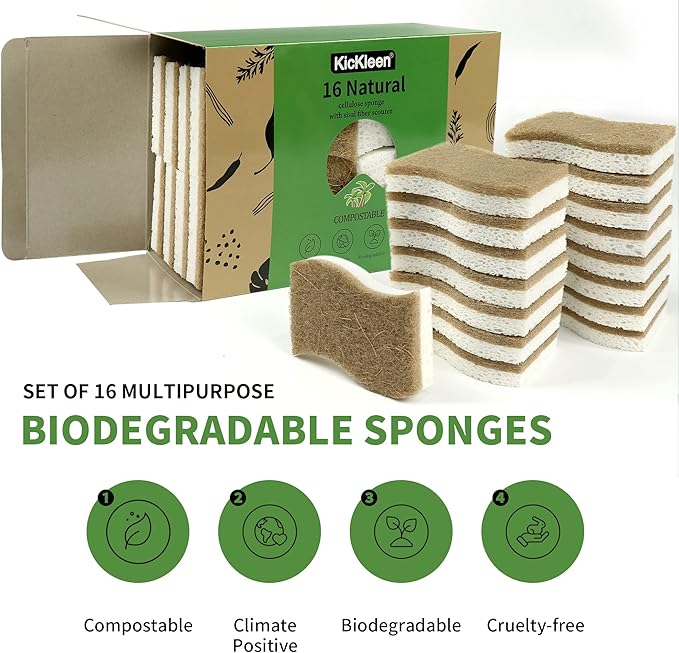 KICKLEEN 16 Pack Biodegradable Natural Kitchen Sponge - Compostable Cellulose and Coconut Walnut Scrubber Sponge - Eco Friendly Sustainable Sponges for Dishes