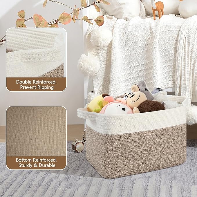 Storage Baskets for Organizing, Woven Baskets for Shelves, Rectangle Decorative Organizer for Storage Clothes, Toy, Books, Towels Nursery Bins 3 Pack (Brown & White, 13"x9.85"x8.7")