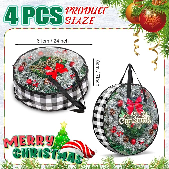 Shappy 4 Pcs Christmas Wreath Storage Bag Wreath Storage Container with Clear Window Plaid Wreath Storage Box with Handles for Storing Garland Holiday Wreath Wrapping(24 Inch,White Black)