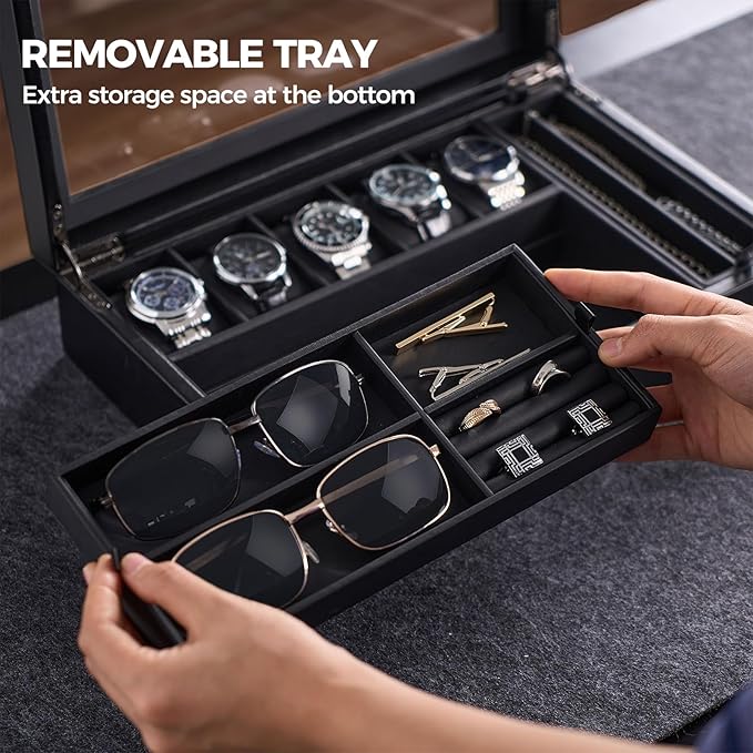 ProCase Men's Jewelry Box, 5-Slot Wood Watch Display Case Jewellry Storage Organizer for Sunglasses Rings Accessories with Hidden Compartment, Watch Holder with Glass Lid, Gift for Men -Black