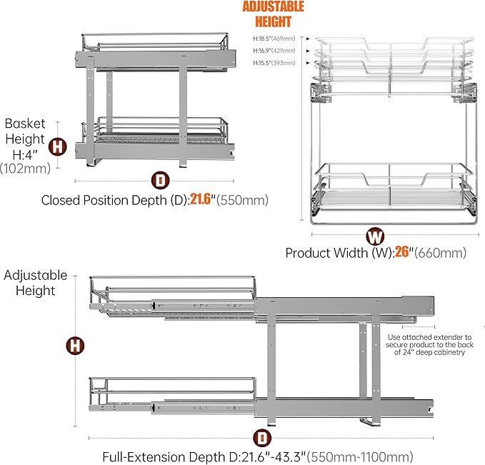 JOWBOOW (26" W x 22" D 2-Tier Cabinet Roll Out Shelves | Extra Wide Slide Out Drawers for Kitchen Cabinets, Heavy Duty Pull Out Cabinet Organizer 22 Inch Deep