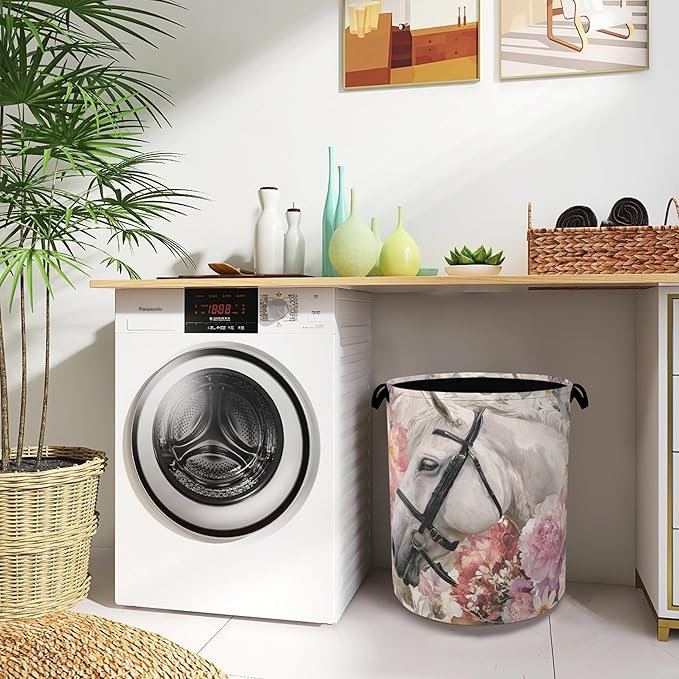 Horse Laundry Hamper,Pink Flowers Dirty Clothes Laundry Basket with Handles Waterproof Oxford Cloth Storage Basket for College Dorms Bathroom Bedroom 16" x 20.8"