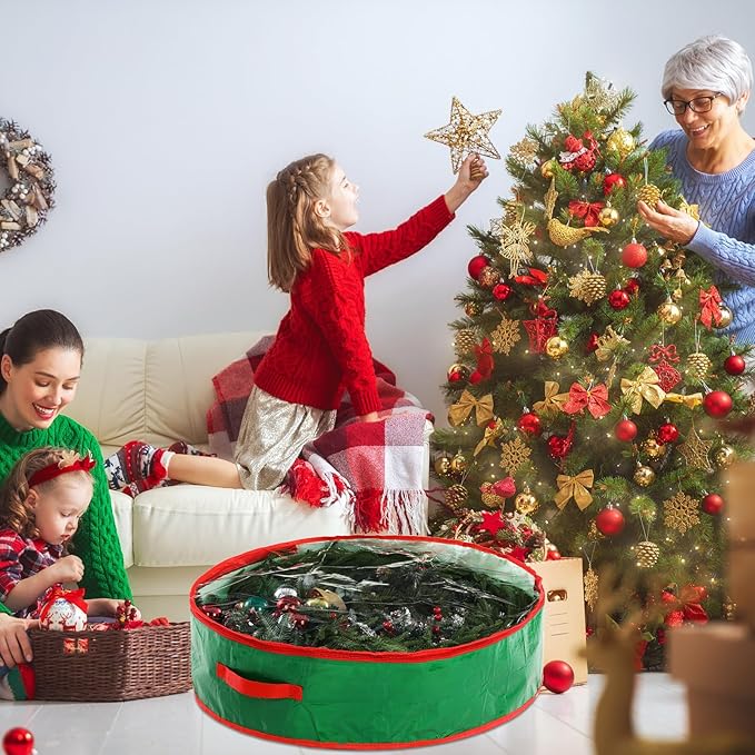 4 Pack 36 Inch Wreath Storage Containers, Hard Shell Christmas Garland Storage Bags with Handle Dual Zipper, Large Red Green Round Storages Box for Xmas Valentine Winter Wreath