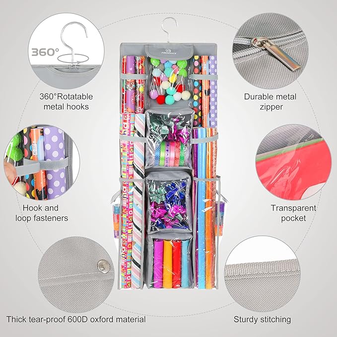Freegrace Double Sided Hanging Gift Wrap Organizer | Large 16" x 41" Wrapping Paper Rolls Storage Bag | Tearproof & Space Saving Closet Gift Bag Organization Solution (Gray)