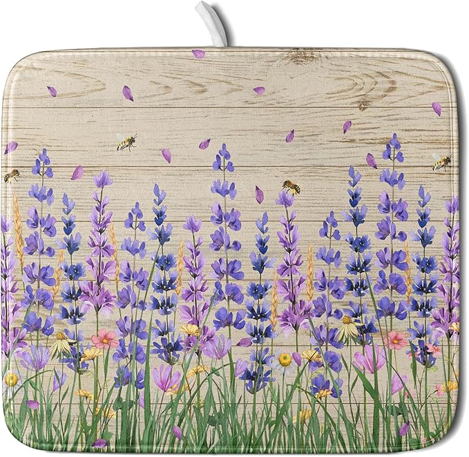 Lavender Floral Dish Drying Mat 16x18 inch Spring Summer Flower Decorative Fast Dry Dishes Drainer Mats Reversible Washable Dish Rack Pad