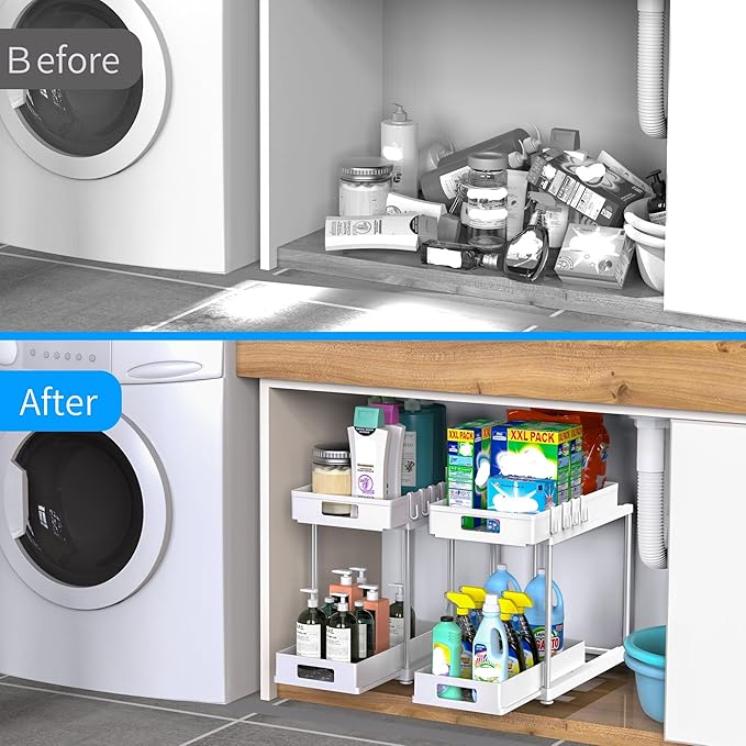 Under Sink Organizers and Storage, 2 Pack Large Capacity Heavy Load Double Pull-out Under Sink Shelves with Sliding Drawer for Kitchen and Bathroom, White