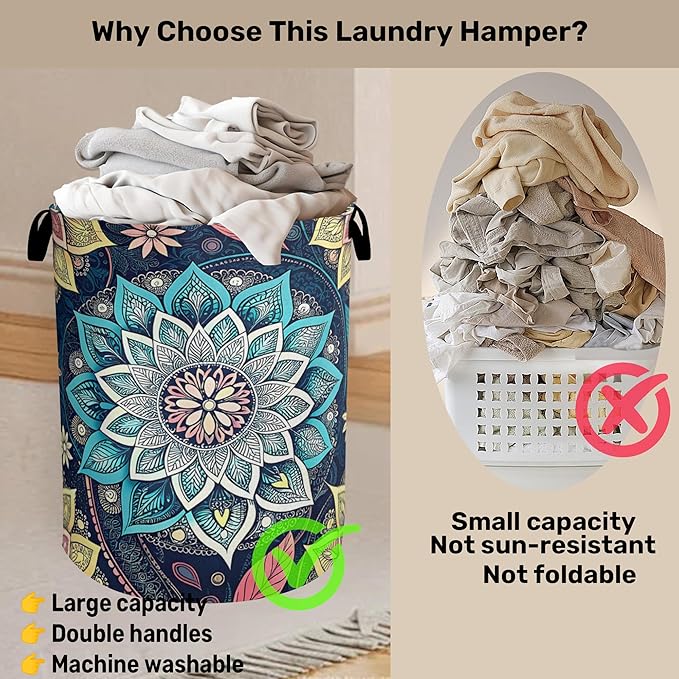 Bohemian Blue Flowers Laundry Basket, Dirty Clothes Basket, Water Resistant Foldable Hamper for Women, Storage Basket for Bedroom, Bathroom, Clothes