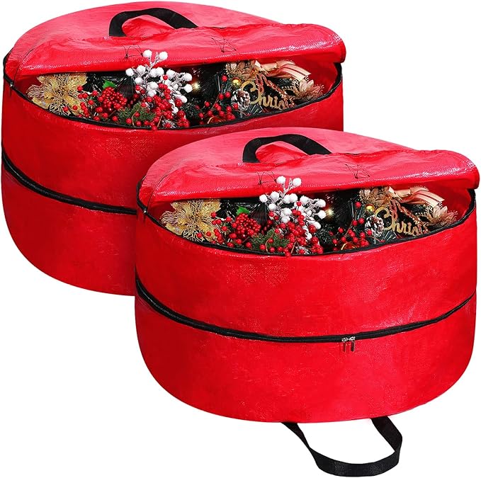 Double Layer Christmas Wreath Storage Container Bags Double Wreath Storage Container Zippered Bag with Handle Festive Storage Box Storage for Xmas Garlands, Red(2 Pcs,24 Inch)