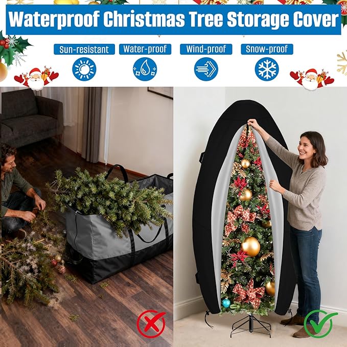 SIRUITON Christmas Tree Storage Bag for Upright , Waterproof Christmas Tree Cover with Zipper for 7.5 ft Tree, Heavy-Duty 600D Oxford Fabric, Tear-Resistant & UV Protection (Black, 7.5FT_600D_Thick)