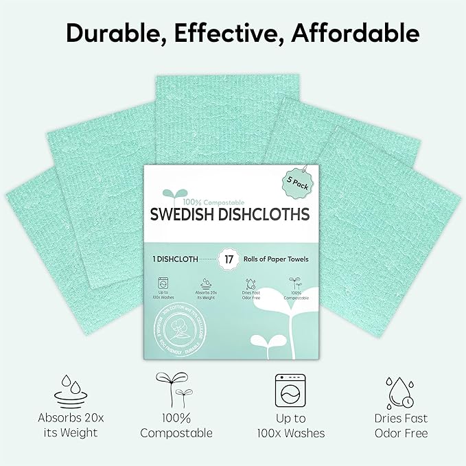 Auggee Swedish Dishcloths for Kitchen, 5 Pack Swedish Dish Cloths, Ultra Absorbent Reusable Paper Towels, Cellulose Sponge Cloths, Quick Drying, No Odor, Dishwasher Safe Mint Green