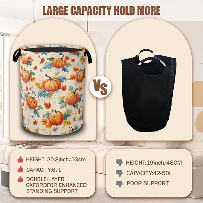 Thanksgiving day Laundry Baskets,Autumn Pumpkins Flowers Leaves Laundry Hamper,Storage Basket with Handles for Bathroom Bedroom College Dormitory Living Room Nursery Organizer 16"x20.8"