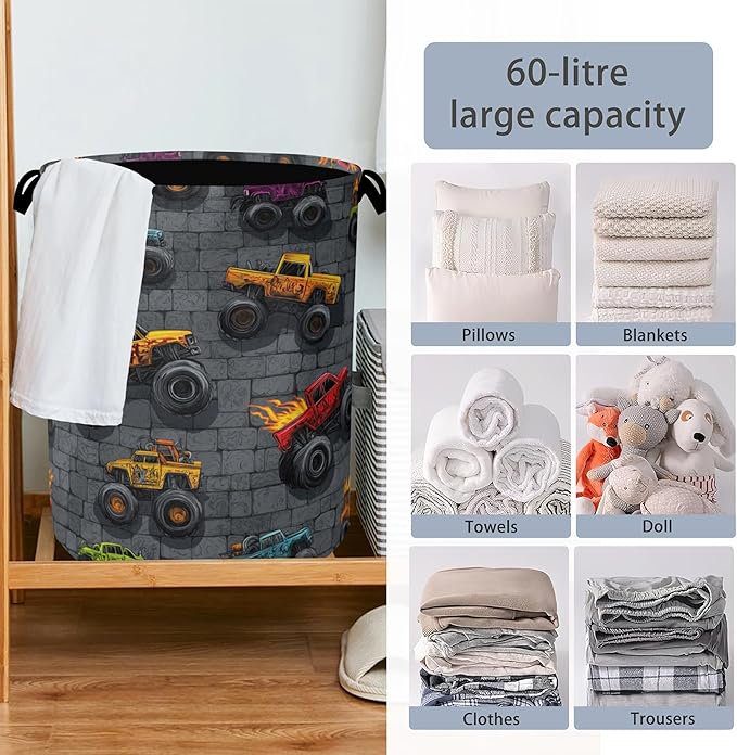 Funny Cars Laundry Basket,Foldable Oxford Cloth Tote Bag Laundry Hamper Clothes Storage Bucket Organizer for Bedroom Laundry Storage Dormitories 16" x 20.8"