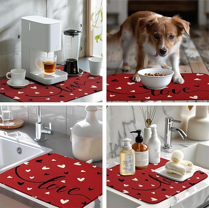 Wnoesat Valentine Dish Drying Mat for Kitchen Counter Valentines Day Red Black Love Heart Holiday Drying Mats Absorbent Microfiber Dish Draining Mat Extra Large Dish Rack Pad 18x24 Inch