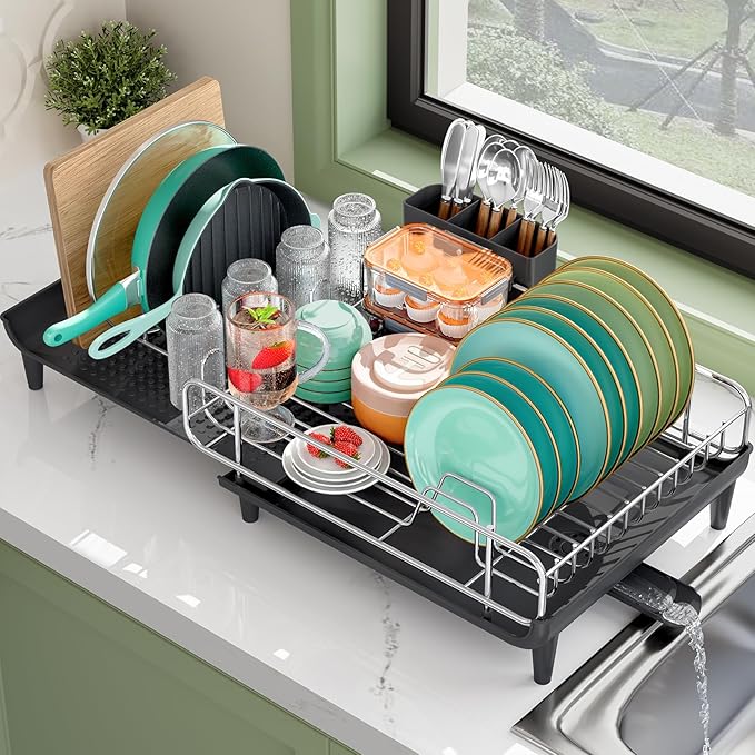 TOOLF Dish Drying Rack - Large Expandable Dish Rack for Kitchen Counter, Stainless Steel Dish Drainer for Kitchen Organization with Cutlery ＆ Cup Holder, Black