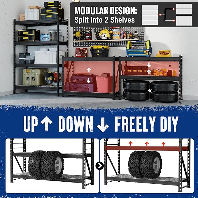 WORKPRO 77" Extra-Width Garage Shelving Units, 6400LBS Heavy Duty Utility Shelves, 4 Tier Industrial Adjustable Metal Storage Rack for Warehouse Shop Basement Organizers, 77”W x 24”D x 72”H