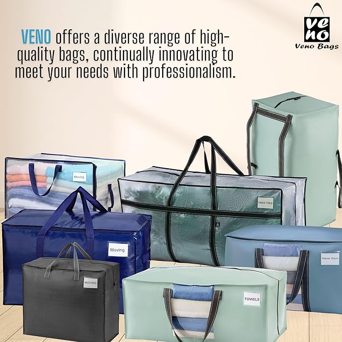 VENO 10 Pack Moving Bags, Upgraded Heavy Duty, Moving Boxes Alternative, Packing Storage Supplies for Dorm Room Essentials with Zipper for Clothes, Large Totes for Packaging (Blue, 10 Pack)