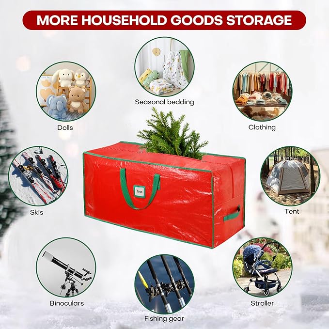 Christmas Tree Storage Bag, For 9ft Disassembled Xmas Tree, Heavy Duty Christmas Tree Storage Bag with Sturdy Handles, Tag Card Slot, Zipper, Dust-Resistant and Water-Resistant（Red）