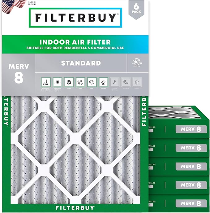 Filterbuy 24x28x2 Air Filter MERV 8 Essential Dust & Allergy Defense (6-Pack), Electrostatic Pleated HVAC AC Furnace Filters Replacement, Made in USA (Actual Size: 23.50 x 27.50 x 1.75)