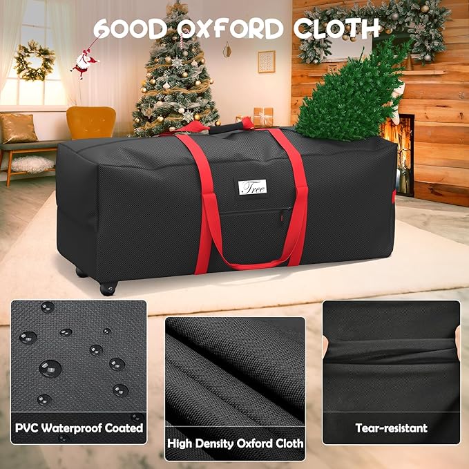 Mrrihand Christmas Tree Storage Bag, Large Artificial Anti-Tear Heavy-Duty 600D Oxford Cloth Xmax Christmas Tree Storage Box with Rolling Wheels, Christmas Tree Storage Container (Black, 9Ft)