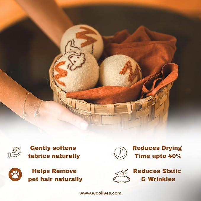 Woolly's Wool Dryer Balls – 100% Pure New Zealand Wool, Reusable Natural Fabric Softener, Reduces Drying Time & Clothes Wrinkles, Chemical-Free Dryer Balls (Pack of 3)