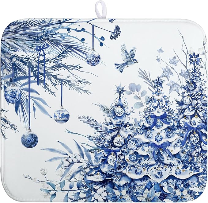 Wnoesat Christmas Tree Dish Drying Mat for Kitchen Counter 16x18 Inch Blue White Chinoiserie Winter Xmas Holiday Drying Mats Microfiber Absorbent Dish Draining Reusable Dish Drainer Pad