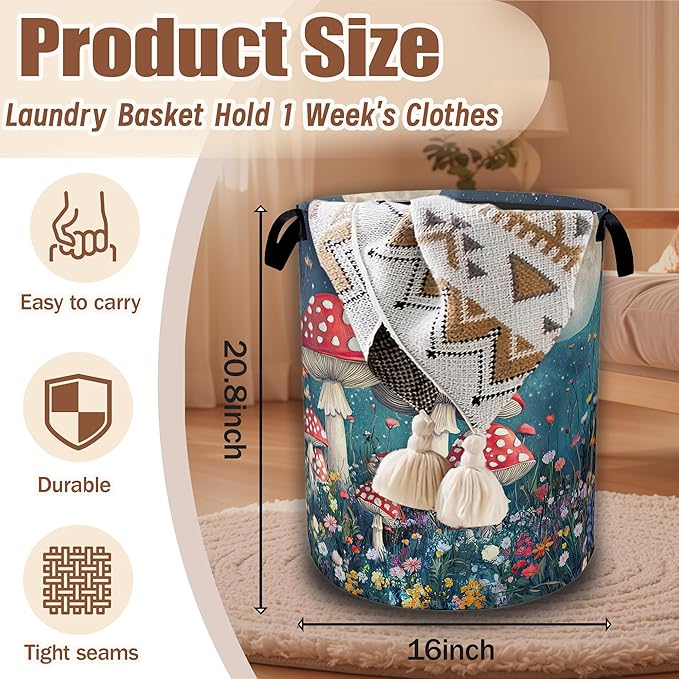 Groovy Mushroom Laundry Basket,Night Sky Moon Collapsible Laundry Hamper Waterproof Oxford Cloth With Handles, Clothes Storage Bucket Toy Organizer For Bathroom/Nursery/Bedroom 16" x 20.8"