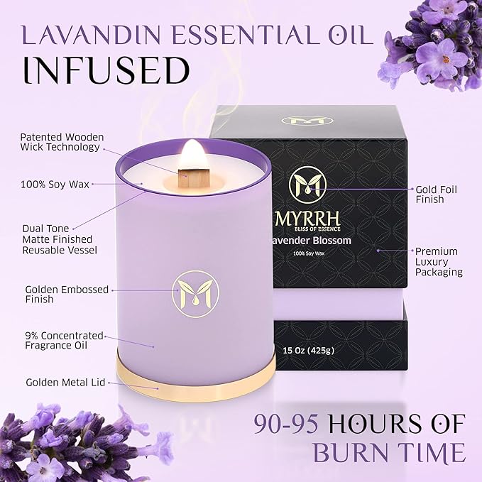 MyrrhUSA Lavender Blossom Scented Candle – 15oz Natural Soy Wax with Crackling Wooden Wick & Essential Oil, 80 Hour Burn | Luxury Aromatherapy Candle for Relaxation, Home Décor, Living Room & Bathroom