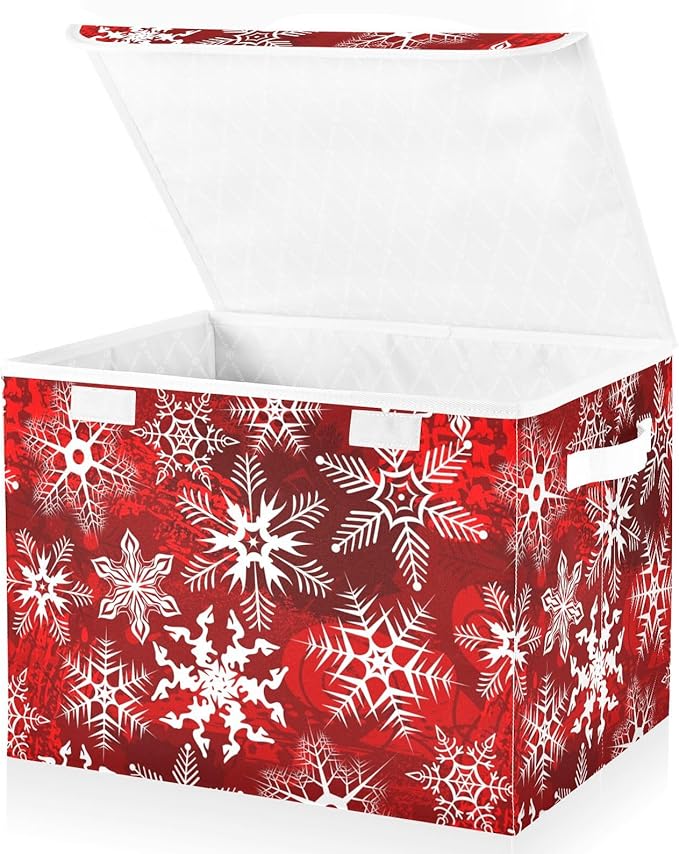 Christmas Baskets Collapsible Storage Bins with Lids, Christmas Red Pattern with Snowflakes Flower Storage Boxes Clothes Baskets for Organizing