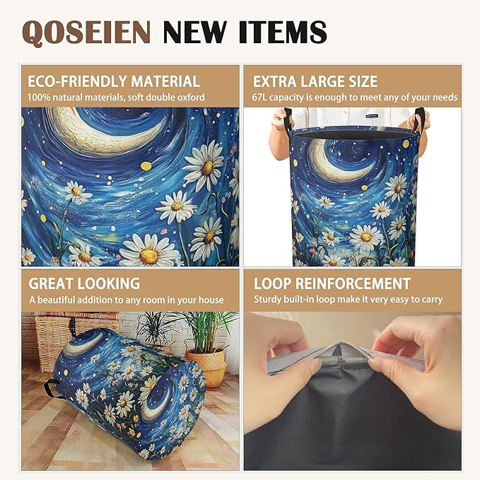 Watercolor Flowers Laundry Basket,Night Starry Sky Collapsible Laundry Baskets with Handles,Waterproof Oxford Cloth Storage Basket 16"x20" for Bathroom/Bedroom/Dormitories