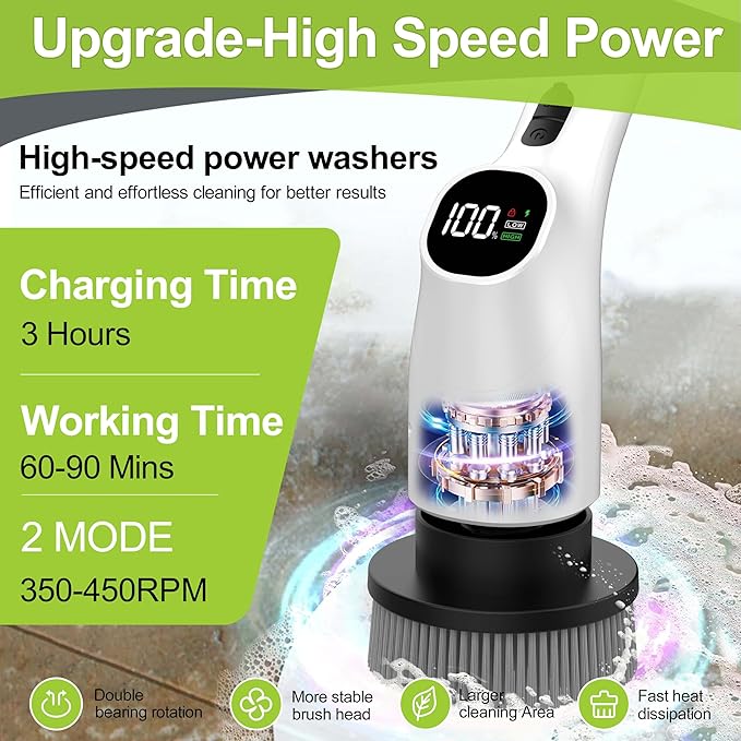 Wky G3 Electric Spin Scrubber - 10-in-1 Cordless Shower Scrubber & Cleaning Brush with Extendable Handle, 2 Speeds, IPX7 Waterproof Brush Heads, LED Display, Smart AI Chip,for Bathroom, Kitchen White