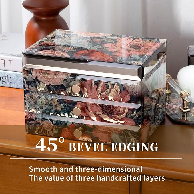 Glass Jewelry Box With Floral Pattern, 3-Tier Jewelry Organizer for Women Girls,Jewelry Gift Decorative Boxes, Art Painting Tabletop Ornament Organizer For Earring Necklace Christmas Gifts