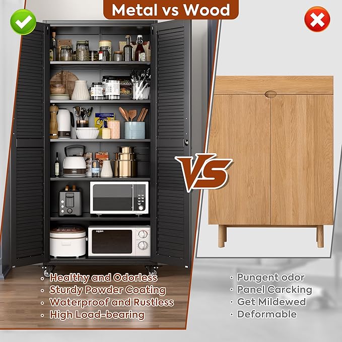 Aobabo Garage Storage Cabinet with Wheels,Metal Storage Cabinets with 5 Adjustable Shelves for Garage,Home,Assembly Required,Black, 71H''*32''W*16''D