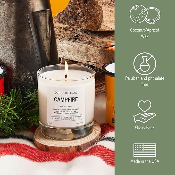 Outdoor Fellow Campfire Scented Candle, 8oz, Coconut & Apricot Wax Blend, Sandalwood, Smoked Amber, Charred Cedarwood, Reusable Glass, 40-50 Hour Burn Time