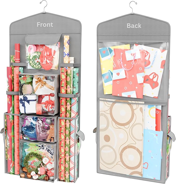 ProPik Hanging Double Sided Christmas Wrapping Paper Storage Organizer With Multiple Pockets, Organize Gift Wrap, Bows, Ribbons - 40"X17" Fits 40 Inch Rolls - Clear PVC Bag (Grey)