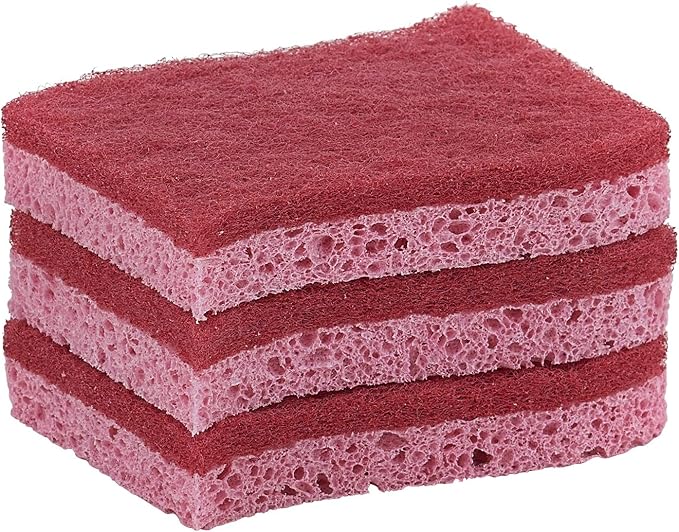 Superio Non-Scratch Cellulose Sponge Kitchen Scrub Sponges with Scouring Pad Set, Good for Non-Stick Cookware Frying Pan, Pot, Counter Top, Sink Scrubbing, Kitchen Scrubbers, Pack of 3, RedPink