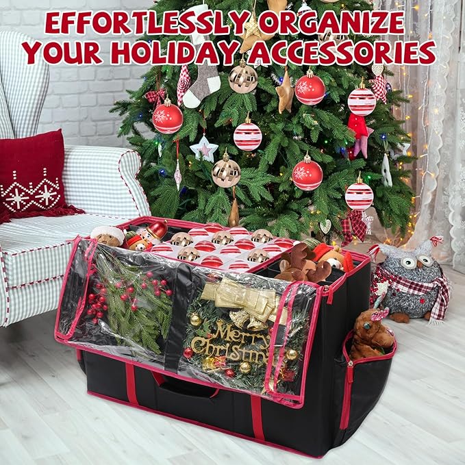 2-in-1 Christmas Ornament Storage Box & Xmas Figurine Container with Dual Zipper Closure Adjustable Dividers and Removable Trays Premium Christmas Ornament Storage Containerd(Black)
