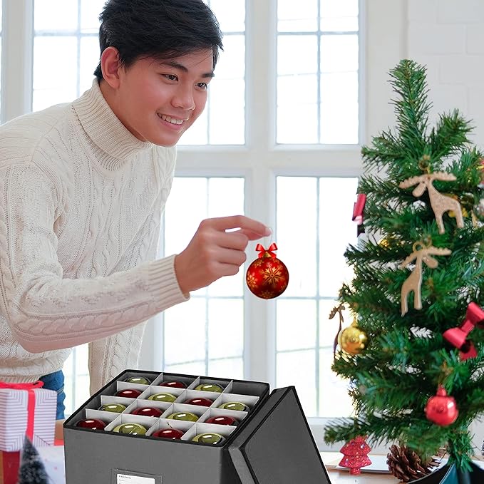 ProPik Christmas Ornament Storage Box, 4 Tier Holds Up to 64 Holiday Ornaments Decoration Balls, Storage Container with Dividers, Made with Durable 600D Oxford Polyester Material (Gray)