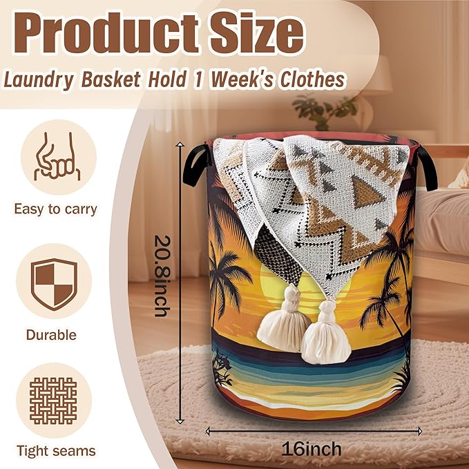 Tropical Palm Tree Sunset Beach Laundry Basket, Laundry Hamper Waterproof Oxford Cloth Tote Collapsible,Clothes Storage Bucket Decorative Toy Organizer For Bathroom Bedroom 16" x 20.8"