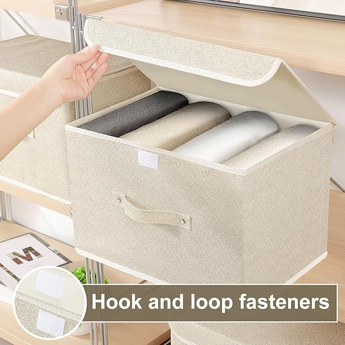Fabric Storage Bins Cube Organizers with Flip-Top Lid and Handles,Storage Boxes for Organizing Home,Office,and Closet,Grey and Beige,5 Pack 15 x 9.8 x 9.8 in