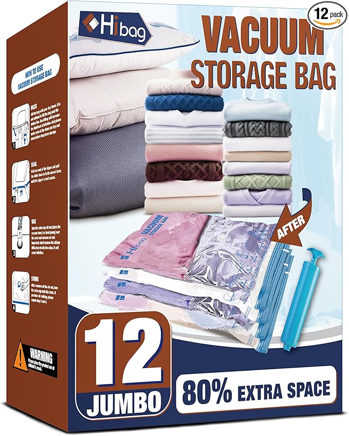 HIBAG Vacuum Storage Bags, 12 Jumbo Vacuum Seal Bags for Clothing, Space Bags for Clothes, Comforters, Blankets, Bedding (12J)