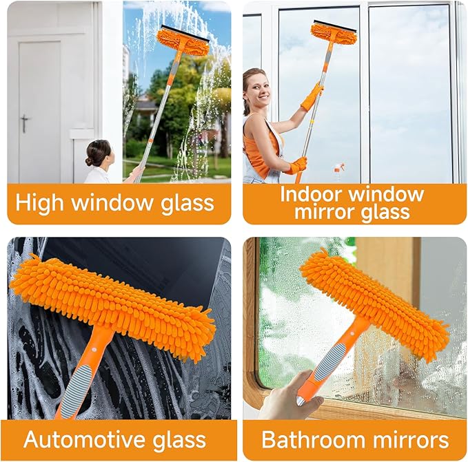 LILISPAI 152" Squeegee Window Cleaner 2 in 1 Rotatable Window Cleaning Tool Kit with Extension Pole, Window Washing Equipment with Bendable Head for Indoor/Outdoor Window and Car Glass