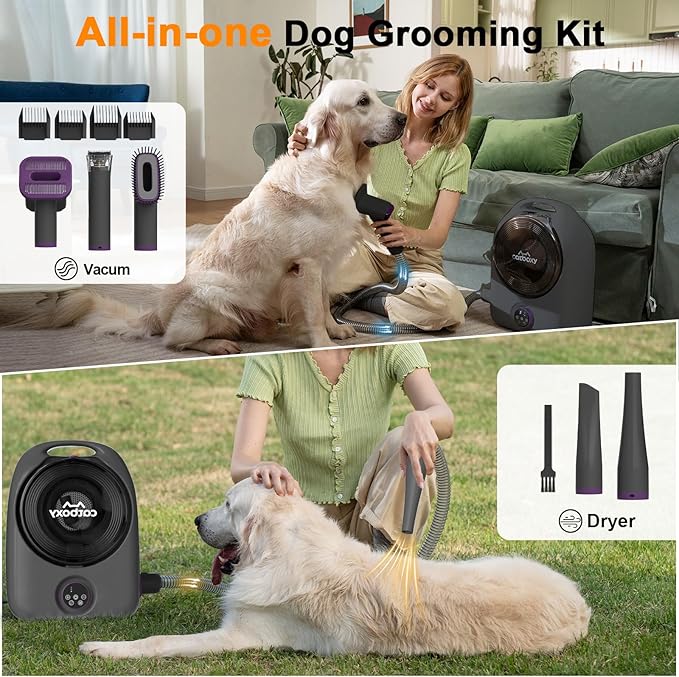 Catboxy Dog Grooming Vacuum and Pet Dryer, 5-in-1 Dog Grooming Kit for Shedding, Low Noise Doggie Hair Blow Dryer, 2.5L Canister for Cat Vacuum Groomer, Portable Pet Trimmers for Dogs, Purple