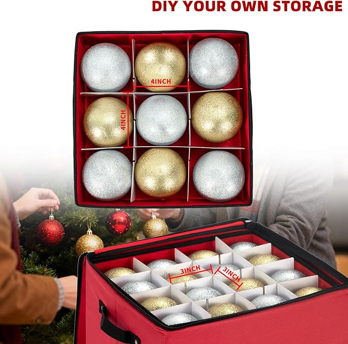 JY COOKMENT Christmas Ornament Storage Box with Adjustable Dividers, Premium Holiday Ornaments Storage Container Bin with Zippered Top for Xmas Decorations (64-3" Balls, Red, With Tray)